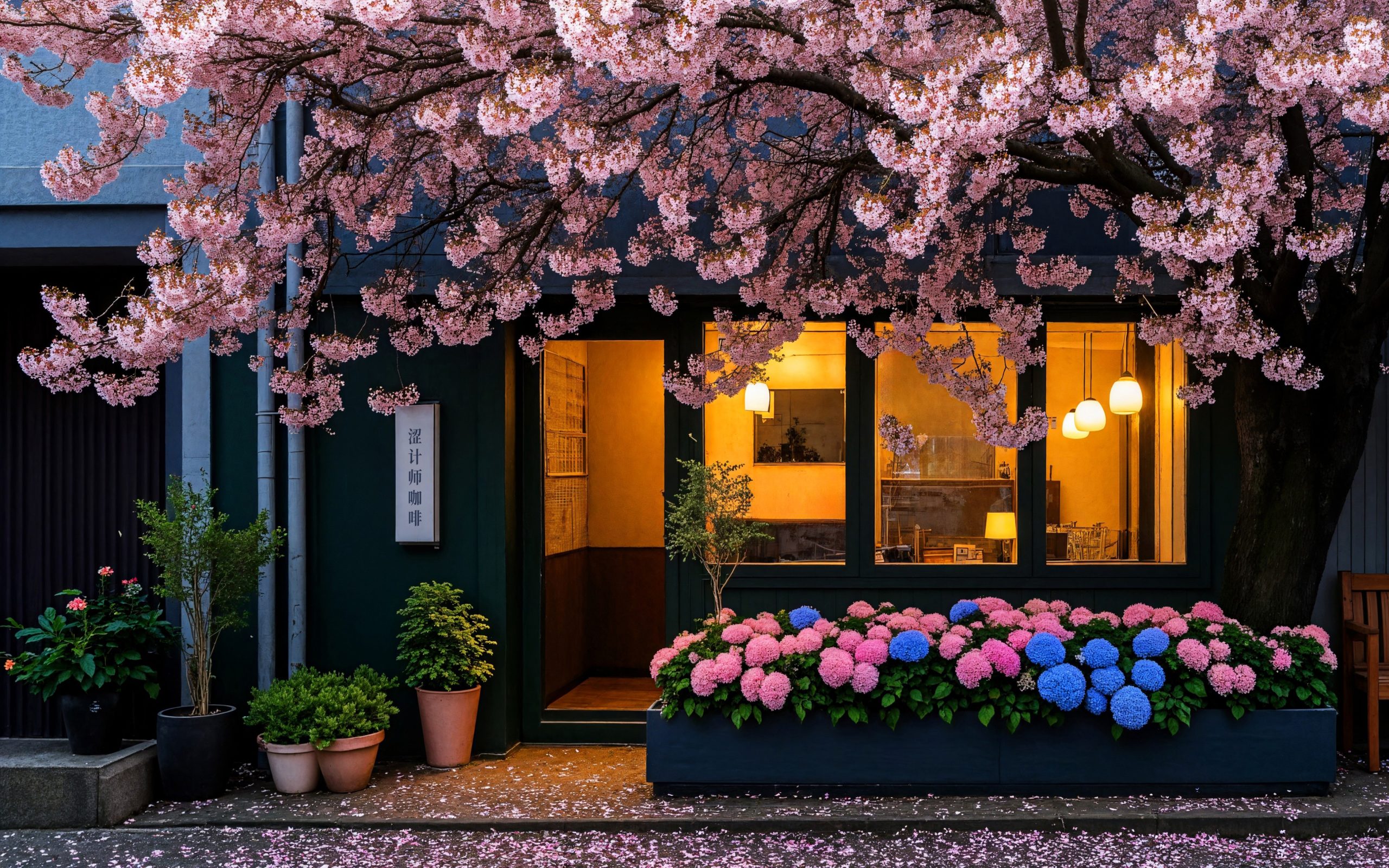 咖啡店樱花树日系街道壁纸 4096x2560 4.63 MB-晴天雨