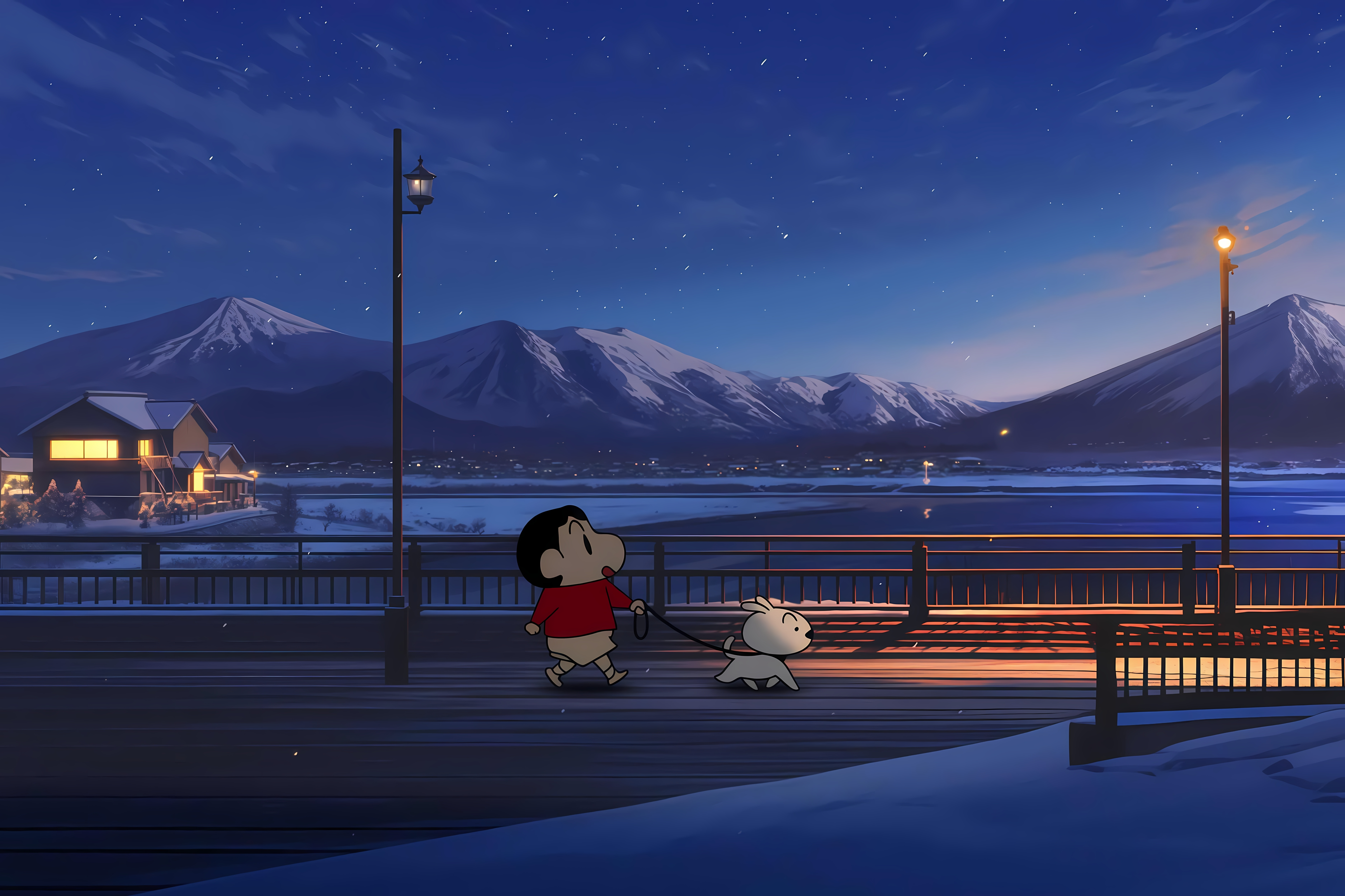 蜡笔小新雪山黄昏路灯下遛狗 电脑壁纸 7500x5000 2.98 MB-晴天雨